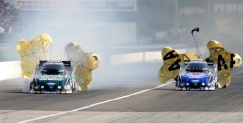 (John Force (far lane) won a cool $100G when he beat Robert Hight in the all JFR Traxxas Nitro Shootout FC Final round)